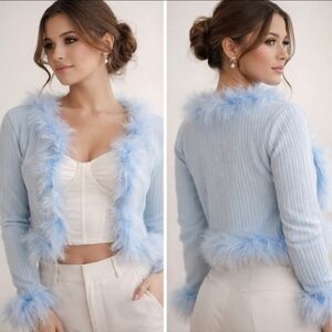 Powder Blue Feather Trim Ribbed Cardigan Size S Vintage Glam